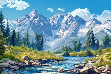 A serene painting of a mountain scene with a flowing stream. Suitable for nature-themed designs