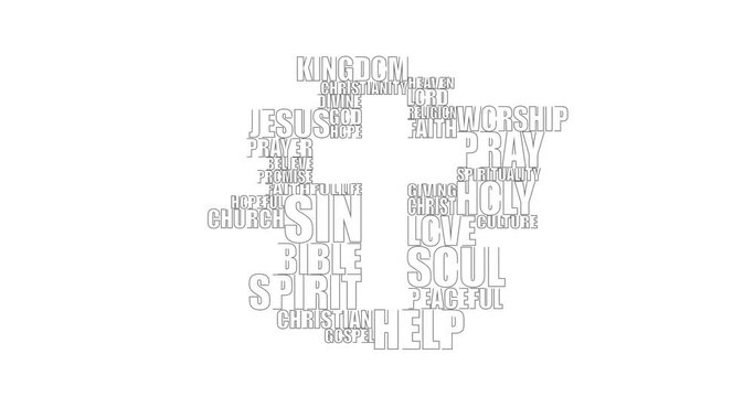 Christianity concept animation. Cross with relative words cloud