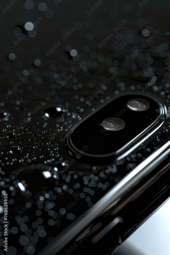 Poster a close up of a cell phone on a table. suitable for technology concepts