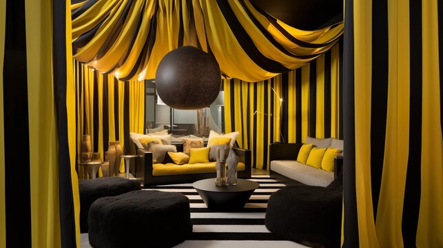Hang black and yellow striped fabric panels from the ceiling to divide the space.