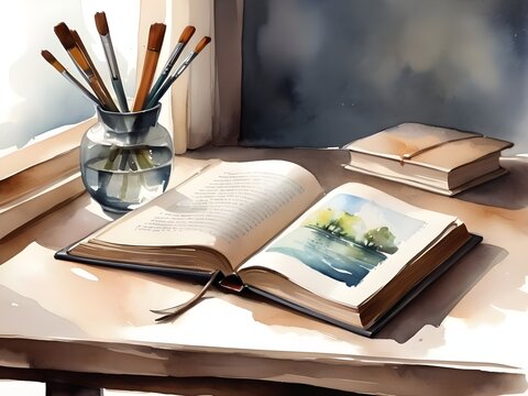 open book on table in watercolor painting style.