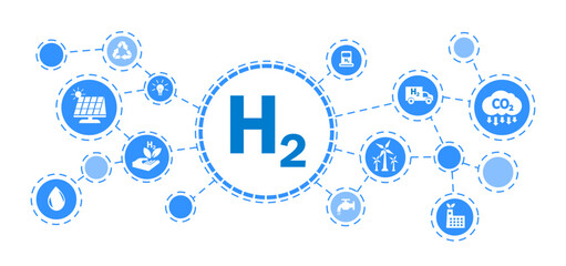 Blue hydrogen fuel production icon H2 water hydrogen Solar energy, wind turbines and various blue icons - obrazy, fototapety, plakaty
