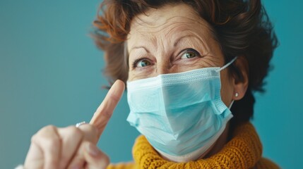 A woman wearing a face mask pointing at the camera. Suitable for health and safety concepts