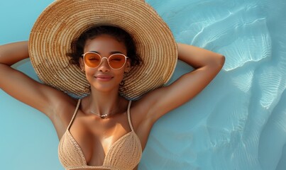 Young tanned girl in glasses and a hat lies on the beach, top view. Vacation, tourism concept.