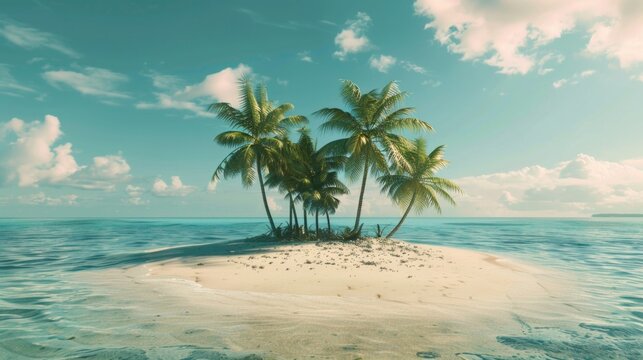 A serene image of a small island with palm trees in the middle of the ocean. Ideal for travel and nature concepts