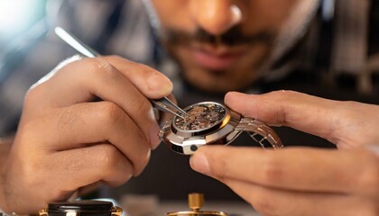 Close-up of the watchmaker's hands delicately repairing the watch. Generated with AI