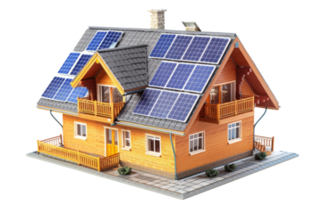 Model of house with photovoltaic panels on the roof isolated on transparent background. Living building with solar battery.