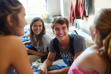 Students spending free time in college dormitory. Smiling friends gathered in student dorm room, Friends life in university campus - obrazy, fototapety, plakaty