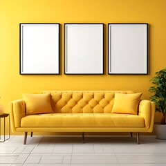 Mock up poster frame in yellow color, interior room designing, interior home decor, living room interior.