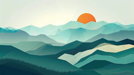 "Geometric layered mountains with sunrise. Low poly landscape for contemporary print and digital wallpaper design."