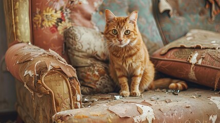 Cat scratch damaged sofa furniture wallpaper background