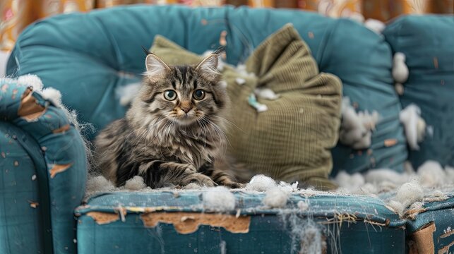 Cat scratch damaged sofa furniture wallpaper background