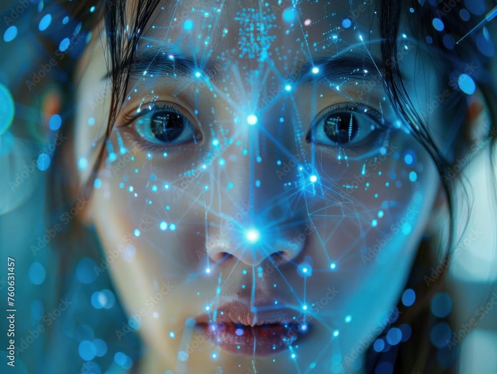 Poster a womans face is highlighted by a mesmerizing glow of blue lights, creating a futuristic and captiva