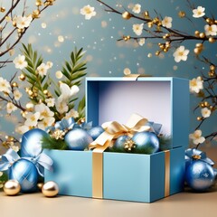 the Realistic blue gifts boxes. Open gift box full of decorative festive