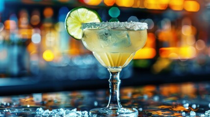 Margarita cocktail on night club lights background. Glass of alcoholic drink - obrazy, fototapety, plakaty