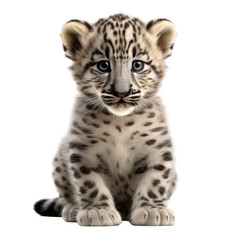snow leopard cub. isolated animal, cut out. kitten is a family of cats. baby snow leopard.