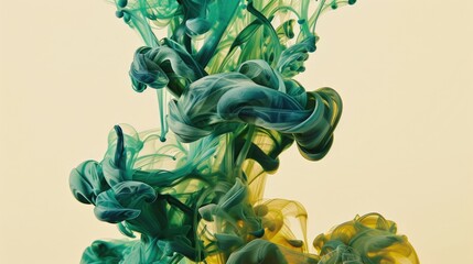 "Abstract swirling smoke in green and yellow tones. Fluid art design for creative backgrounds and vibrant decor."
