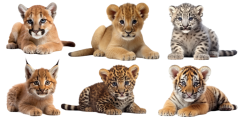isolated cubs of wild cats. tiger and lion, leopard and cougar, snow leopard and lynx. cut out. kittens of the feline family.