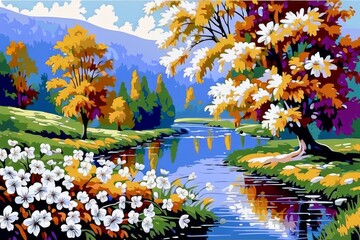 a flowers and trees near the river, painting depicting an idyllic cottage - obrazy, fototapety, plakaty