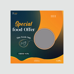 Fast food restaurant business marketing social media post or web banner template design with abstract background, logo and icon. Fresh pizza, burger & pasta online sale promotion flyer or poster.