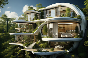 Futuristic eco-building. Futuristic architecture, fresh air, plants growing around. 