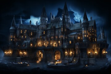 Sinister castle on hill  dark animated gifs with symbolism by maleev, hinchel,   robison - obrazy, fototapety, plakaty