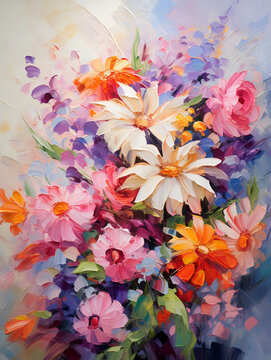 Fototapeta Many beautiful different spring flowers. Oil painting in impressionism style.