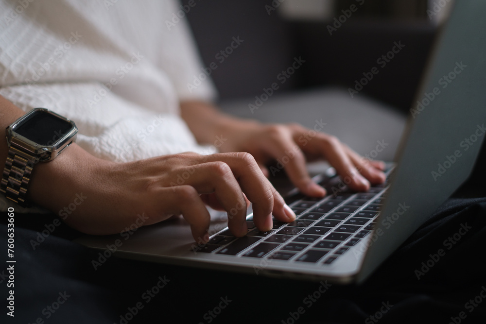 Wall mural businessman's hands are finger point to searching for information. using laptop with your website. d