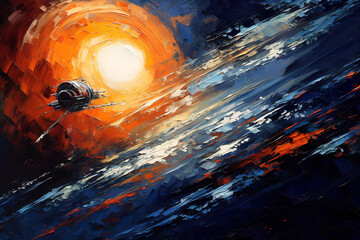 Fantastic spaceship. Oil painting in impressionism style.