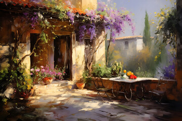 Ancient Italian villa in spring. Oil painting in impressionism style. - obrazy, fototapety, plakaty
