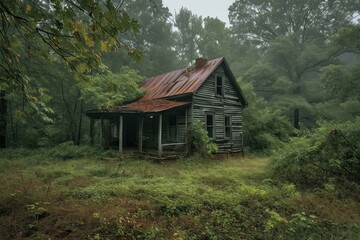 Dilapidated Abandoned wooden house. Intimidating and broken building with green plants. Generate AI
