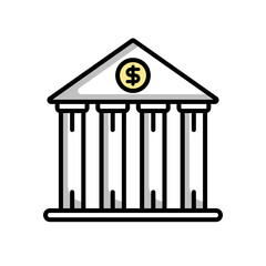 The white financial building icon with a coin icon is suitable for financial, investment, government, monetary themed needs