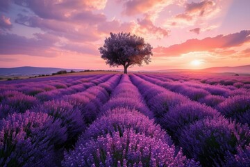 Tranquil Lavender field at sunset. Nature sky. Generate Ai