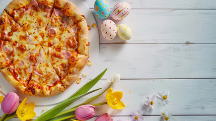Easter pizza with colorful eggs and spring flowers on white wooden background with copy space