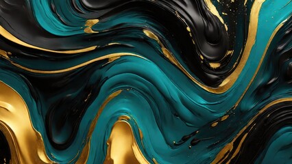 Abstract Black Teal and gold gradient liquid paint flow background