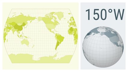 World map animation. John Muir Times projection. Colored countries style. Animated world map in Times projection. Loopable animation showing longitude shift and matching globe.