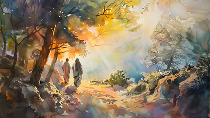 The disciples disbelief and joy upon encountering the risen Jesus on the road to Emmaus, with warm and inviting watercolor tones conveying the transformative moment. - obrazy, fototapety, plakaty
