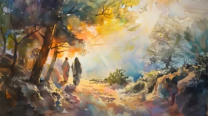 Foto op Plexiglas The disciples disbelief and joy upon encountering the risen Jesus on the road to Emmaus, with warm and inviting watercolor tones conveying the transformative moment. © CanvasPixelDreams