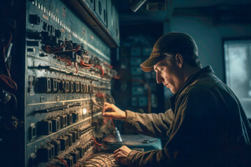 Technician Concentrating on Electrical Panel Wiring - obrazy, fototapety, plakaty