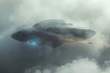 Fototapeten Außerirdisches Raumschiff: Illustration eines UFOs in geheimer Mission im Weltraum © Seegraphie