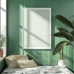 Frame mockup. Plants against a green wall. Scandinavian bedroom interior design