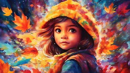 Beautiful kid girl painting Autumn leaves background _ ai illustration