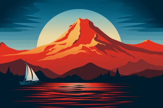 Vibrant sunset over tacoma volcanoes poster with realistic detail in whistlerian style
