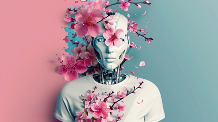 Robot z kwiatami na głowie i t-shirtem wiosennym. Na tle różowo niebieskim. Moda.