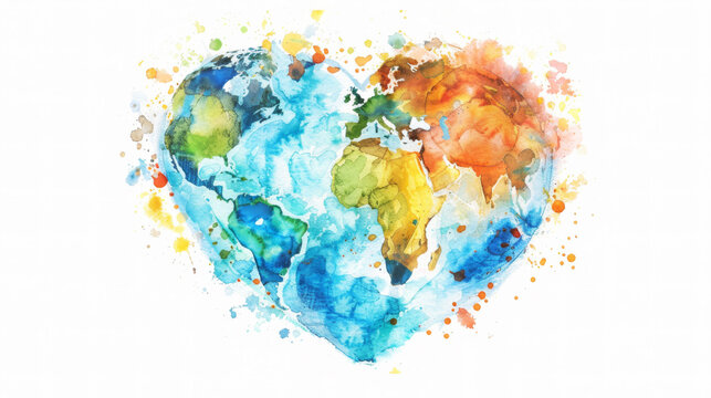 Earth Day concept, Abstract colorful art Child painting with brush and watercolor paints a picture of earth heart day, around the whole globe Protecting Planet together, Environmental Care 