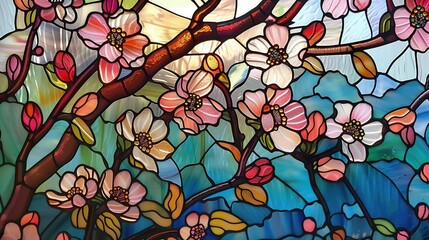 Bliskie ujęcie kolorowego witraża z kwiatowym motywem, które stanowi sztukę witrażową.
