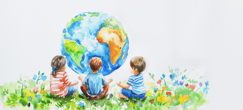 Earth Day concept, Abstract colorful art Child painting with brush and watercolor paints a picture of earth heart day, around the whole globe Protecting Planet together, Environmental Care