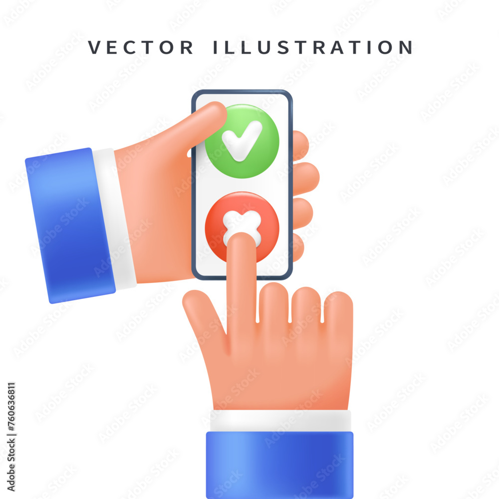 Poster symbols of approved and rejected, consent and refusal on the phone in the user's hand, 3d style for 