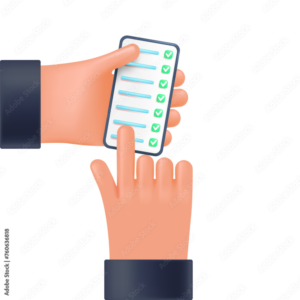 Poster checklist on the phone in the user's hand, 3d style for graphic design. phone in hands in vector car