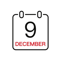 December 9 date on the calendar, vector line stroke icon for user interface. Calendar with date, vector illustration.